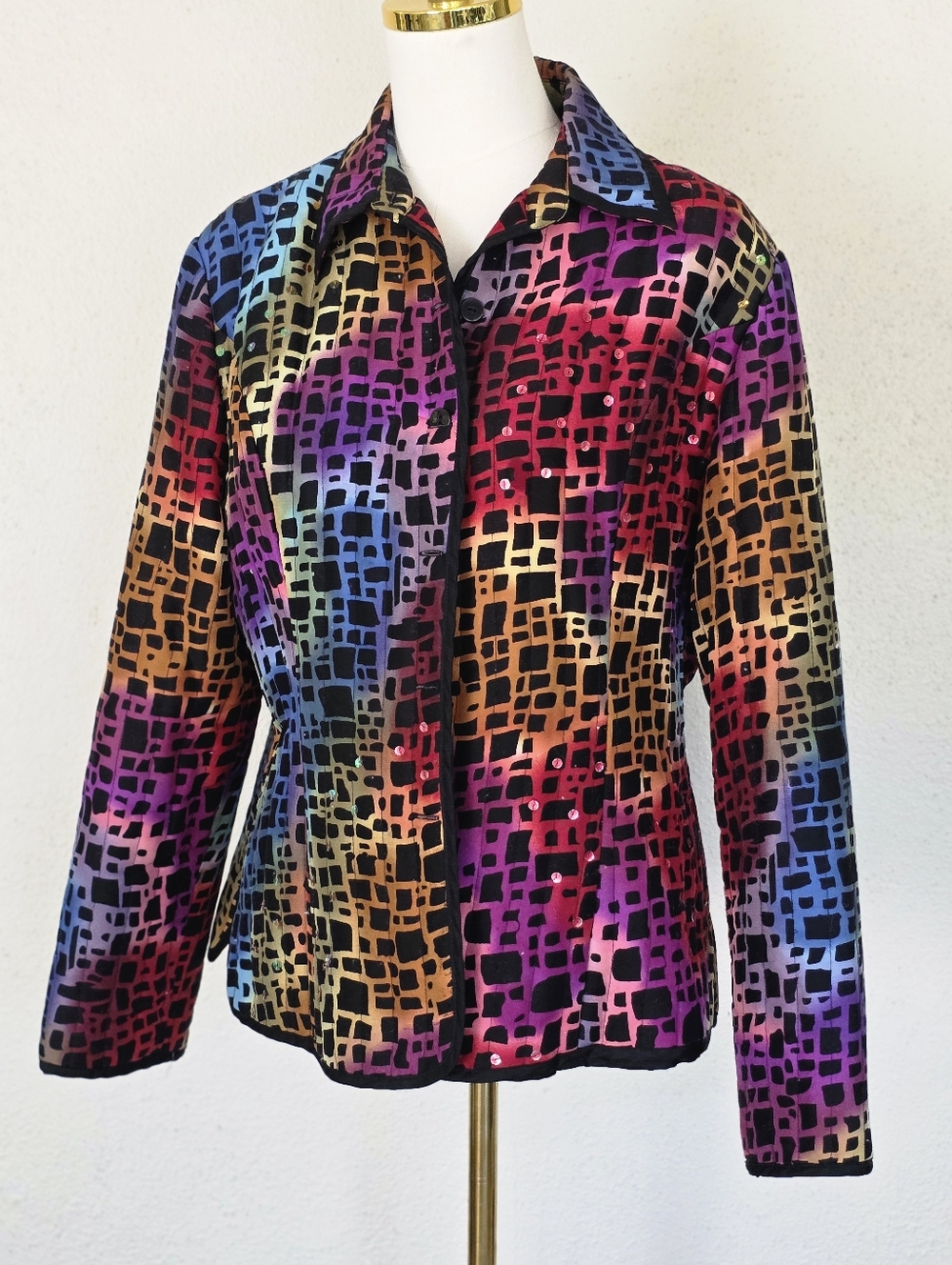 Silkland Vintage 100% Silk Quilted Jacket Multicolor Mosaic Sequin L